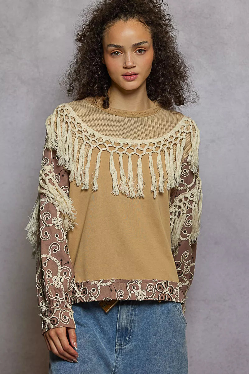 POL Contrast Floral Embroidery Balloon Sleeve Top with Tassel Trim