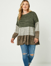 Load image into Gallery viewer, green/grey/brown striped long sleeve knit pullover top
