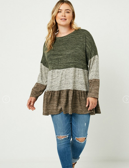 green/grey/brown striped long sleeve knit pullover top